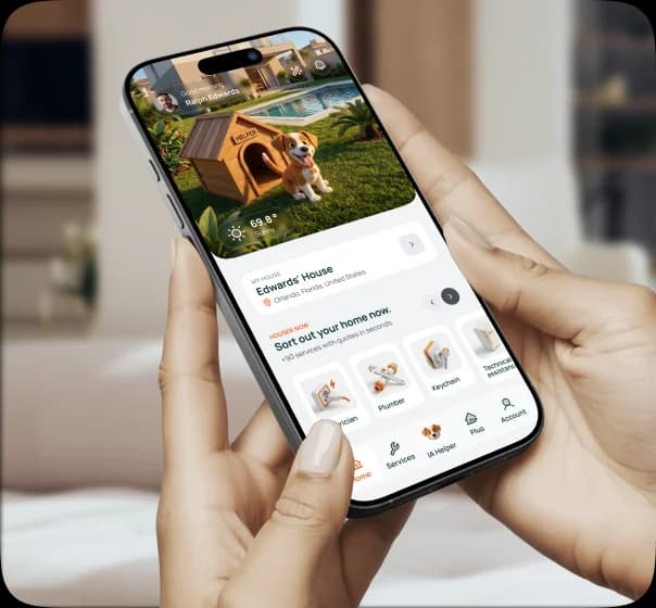 Hands holding a phone with the Houser app open, showing the home screen with the mascot in the garden