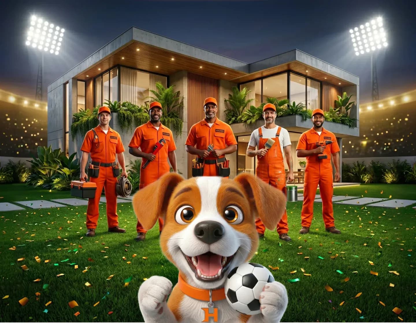 Mascote Houser com profissionais em uniforme laranja em frente a uma casa iluminada por refletores de estádio