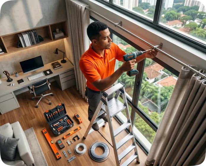 Houser professional installing a curtain in a bright living room