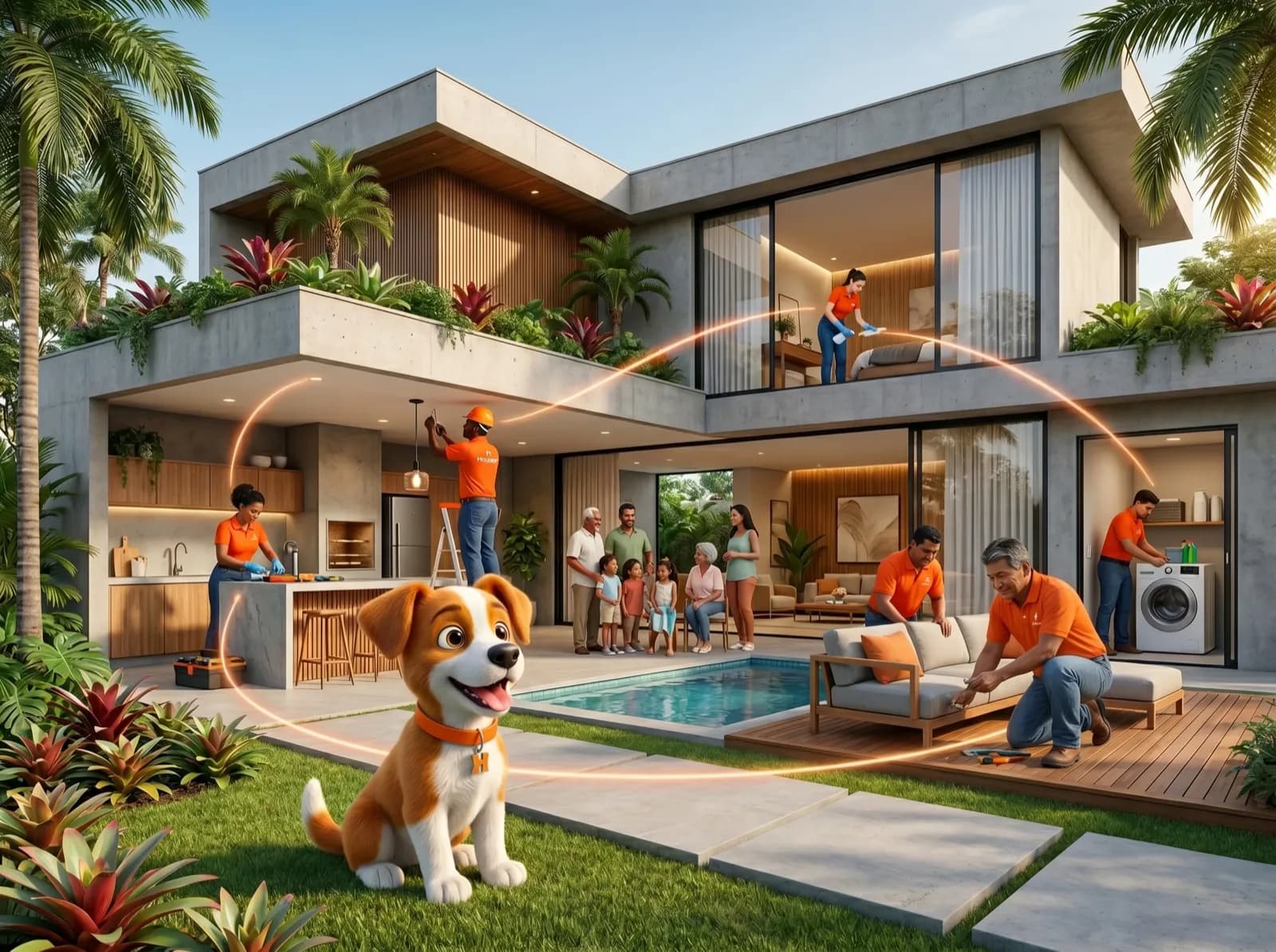 Houser professionals servicing a modern home, with the mascot in the foreground