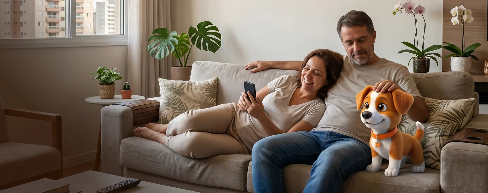 Casal no sofá usando o app Houser para agendar serviço residencial