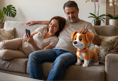 Couple on the couch using the Houser app to book a home service
