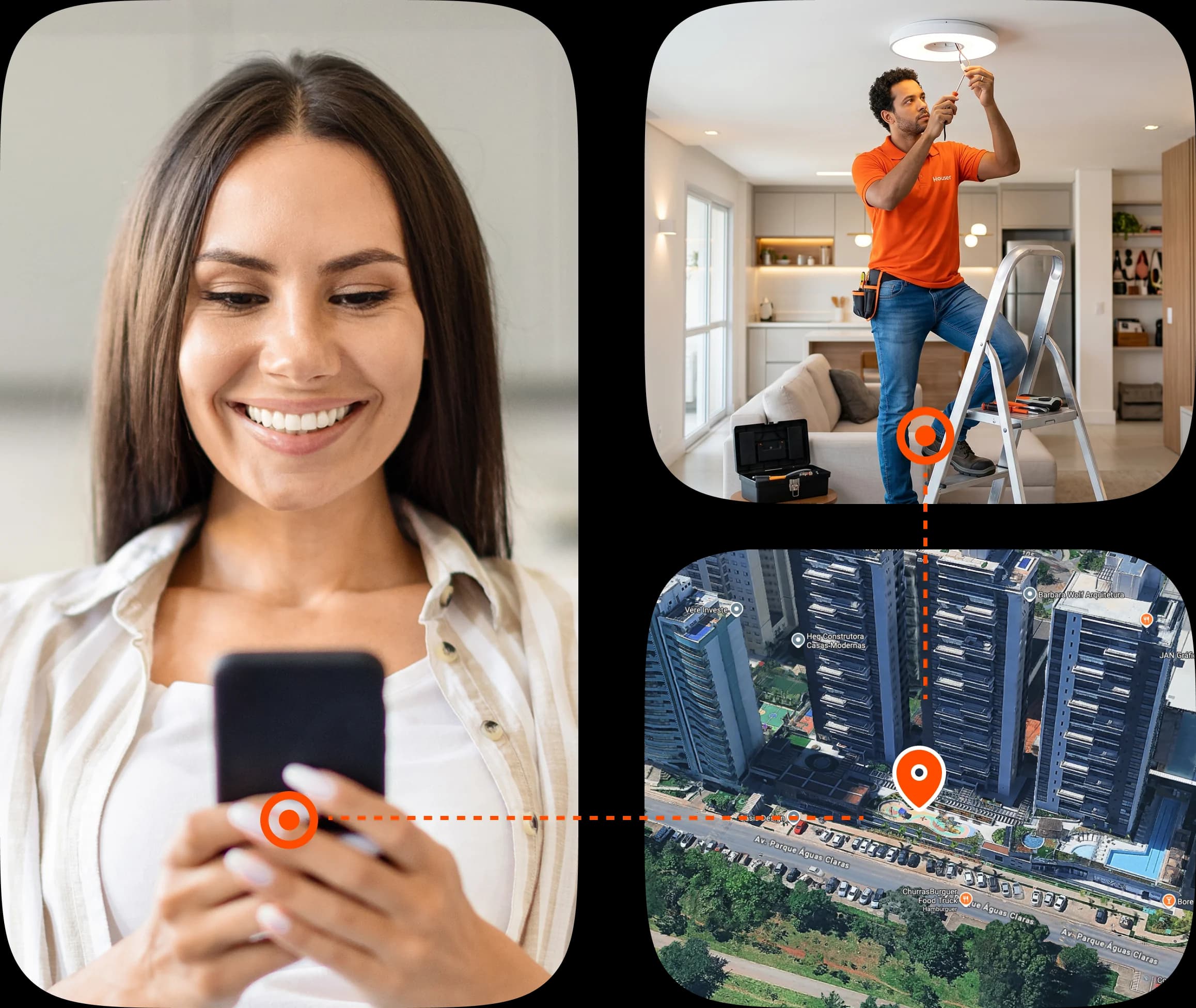The Houser process: a woman on the phone, a verified professional at work and a satellite view of the property