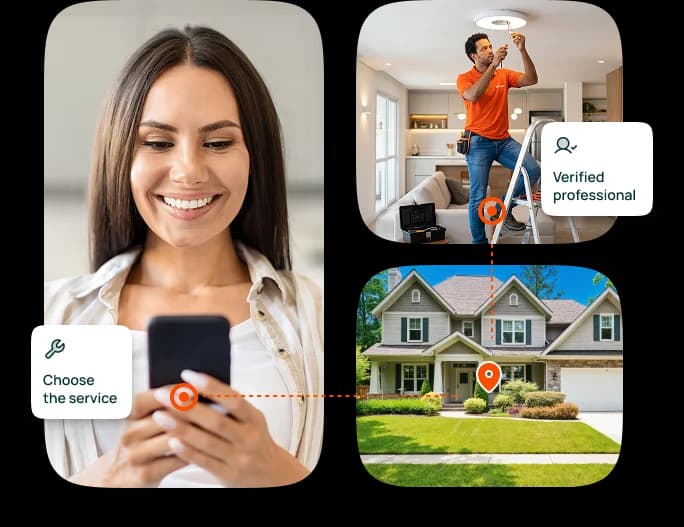 The Houser process: a woman on the phone, a verified professional at work and a satellite view of the property