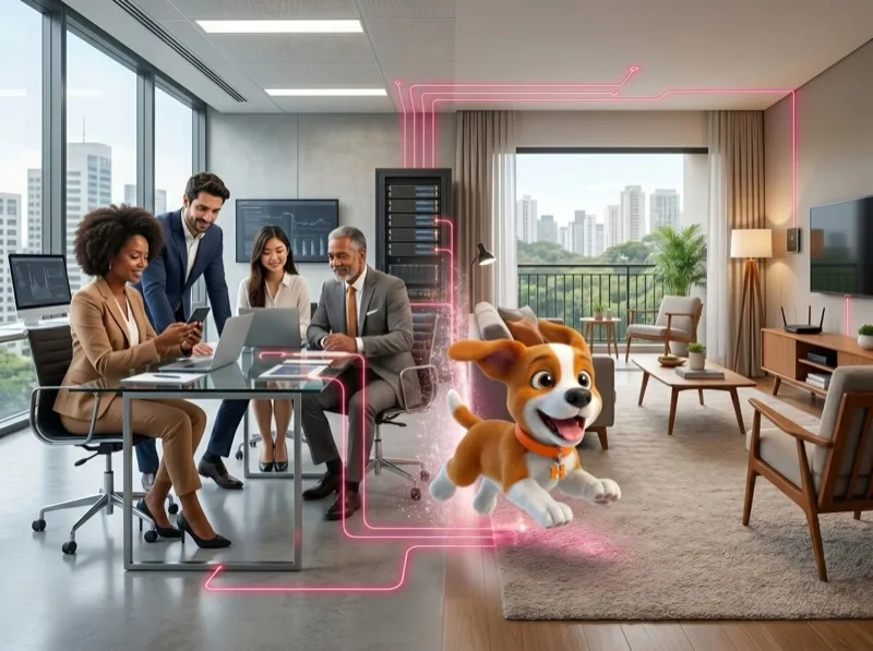 Corporate team in a meeting with the Houser mascot at the office