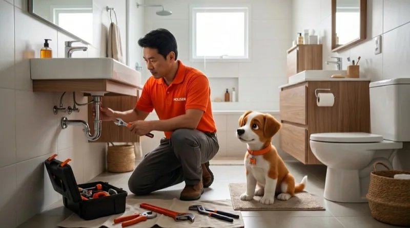 Houser professional doing maintenance at a home, with the mascot alongside