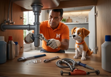 Houser plumber and the Helper mascot in a kitchen during a repair
