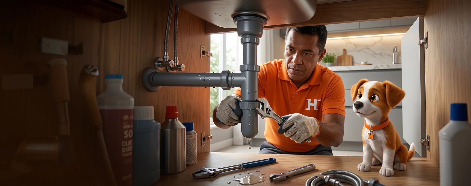 Houser plumber and the Helper mascot in a kitchen during a repair