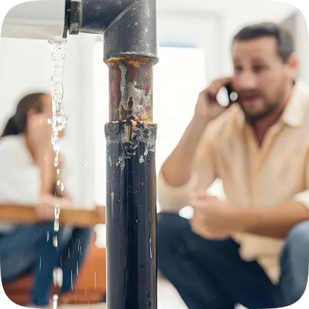 Leaking pipe with a resident in the background calling for help